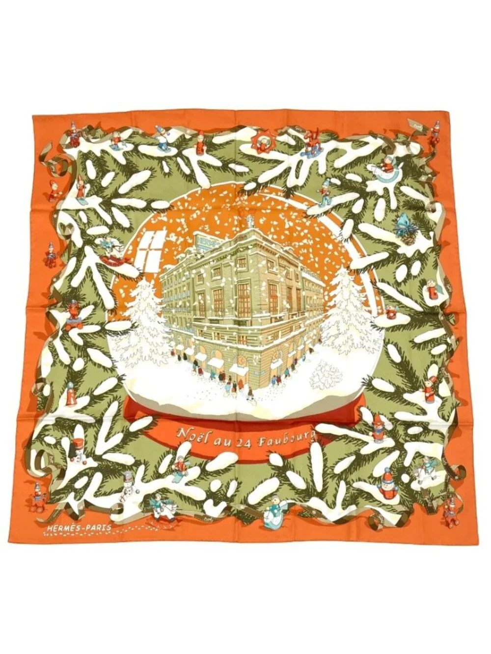 Hermes Carre 90 Noel Au 24 Faubourg Christmas At 24 Silk Scarf Orange